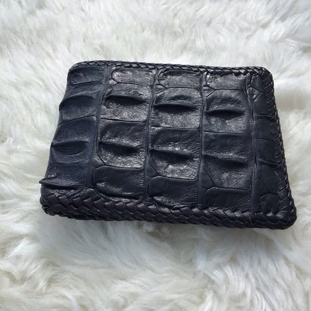 Handmade Genuine Crocodile Leather BiFold Wallet Braided Trim Excellent